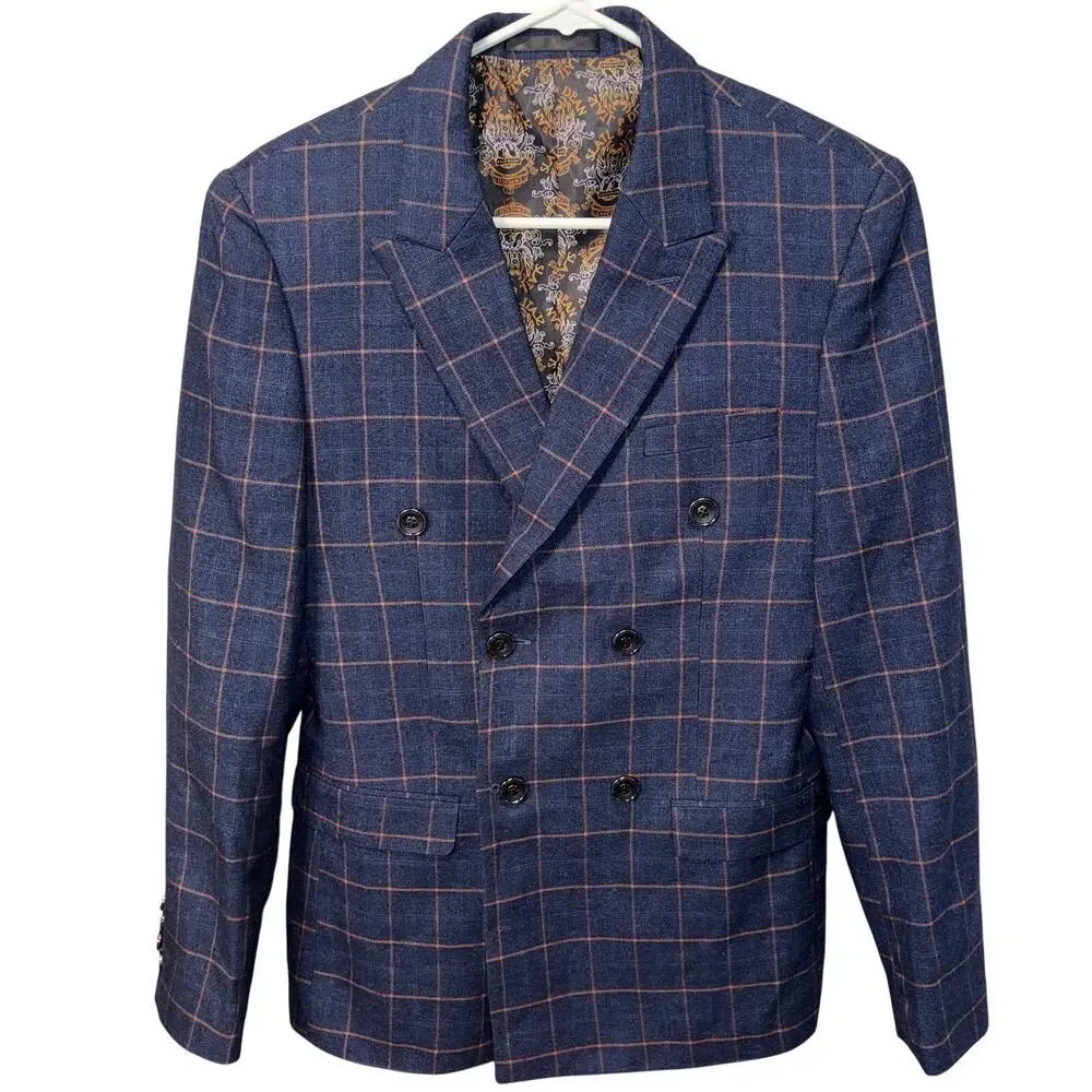 Slatl & Dean Luxury Men's Navy Blue Windowpane Double Breasted Blazer Jacket